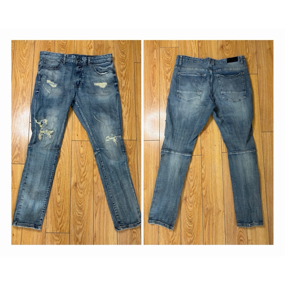 Smoke Rise Mens Moto Biker Jeans Blue Denim Distressed Fitted Pants SK JP24101SK